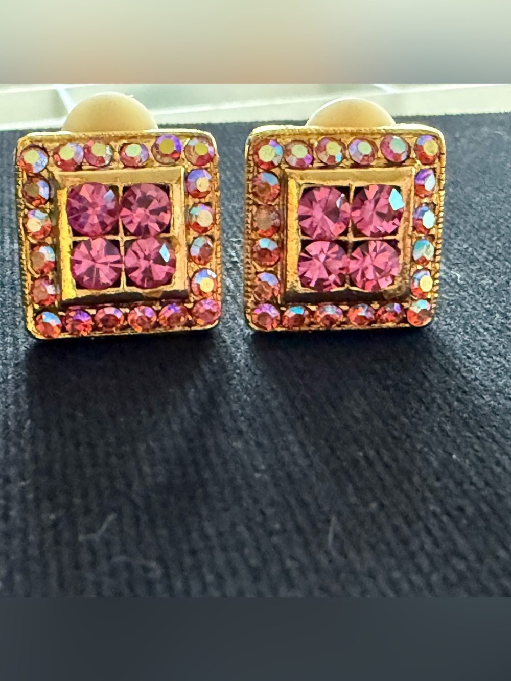 Gold-Tone Pink Crystal Square Stud Earrings
